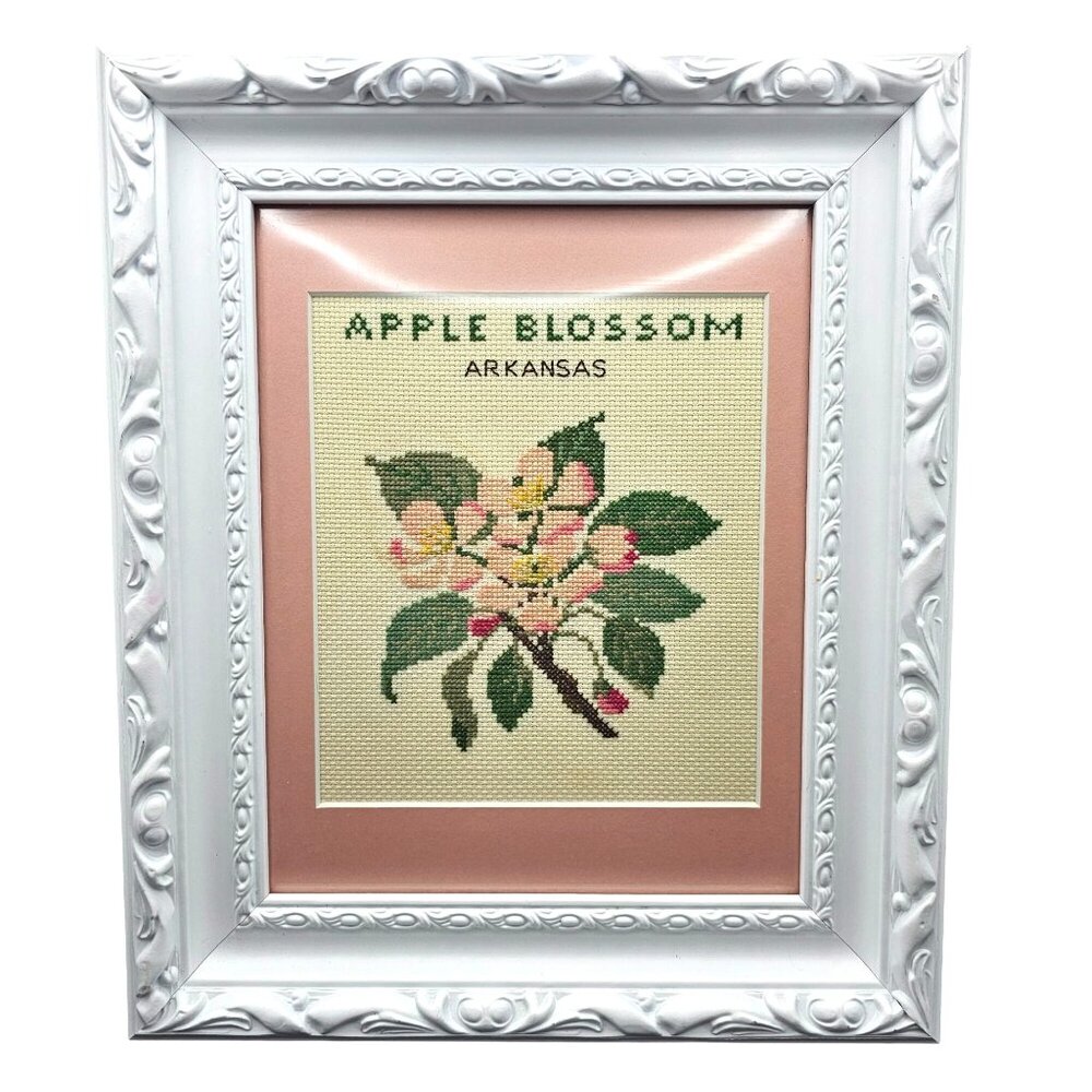 Cross Stitch Apple Blossom Arkansas Framed Wall Art 13" X 11" White Frame Pink M